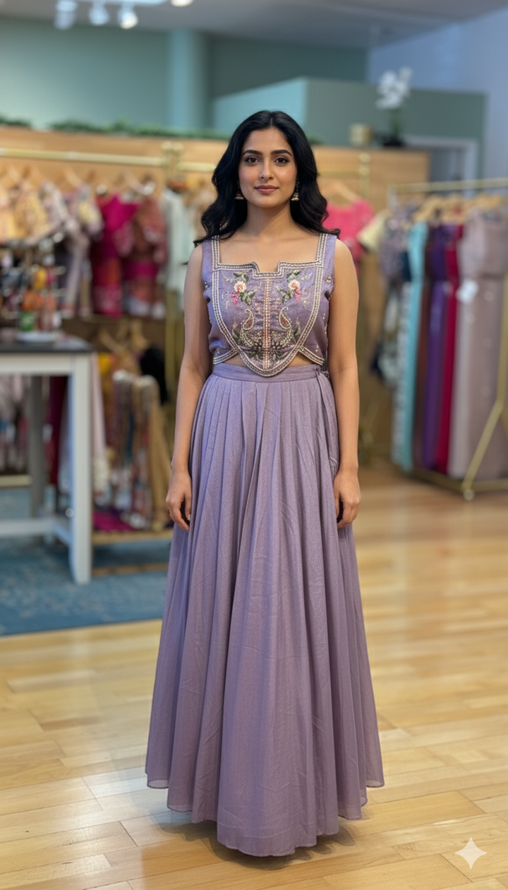 Heather Purple Sharara Set With Embroidered Blouse And Cape