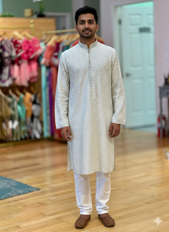 Ivory and Green Sequins Chikankari Kurta Set