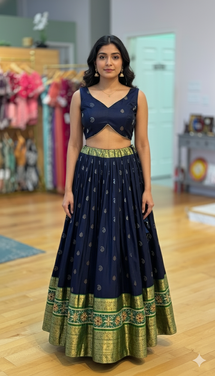 Navy Blue And Green Kanchi Silk Lehenga