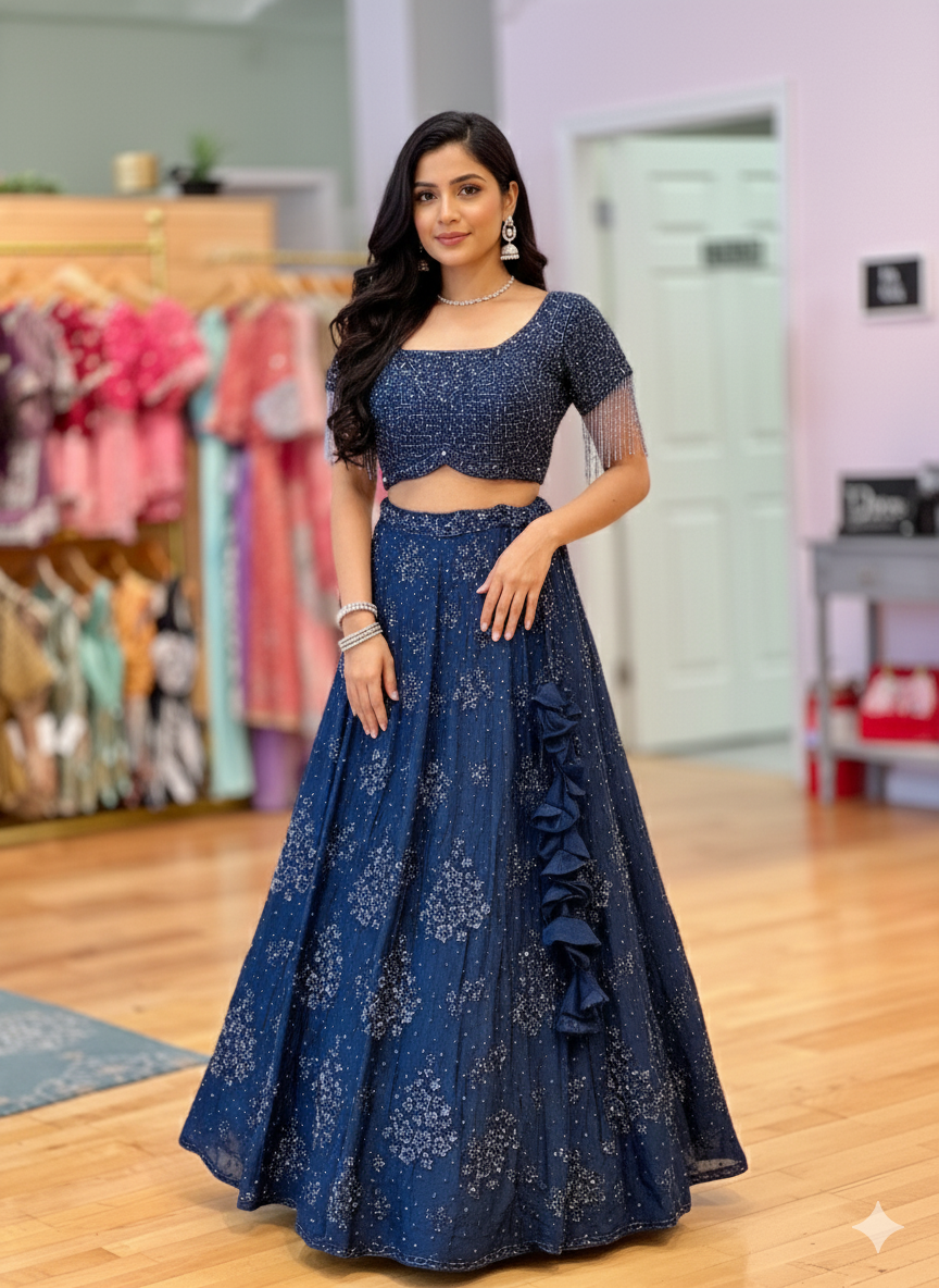 Ink Blue Hand Embroidered Lehenga