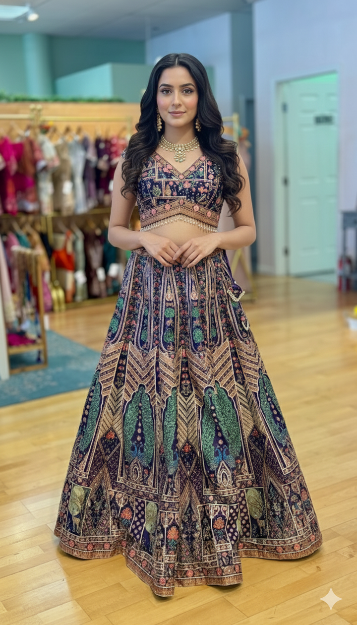 Purple Hand Embroidered Lehenga With Peacock Motifs