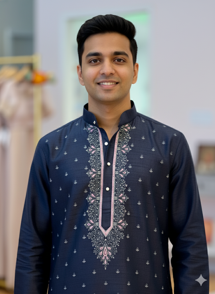 Navy Blue Kurta With Block Print Neck Line