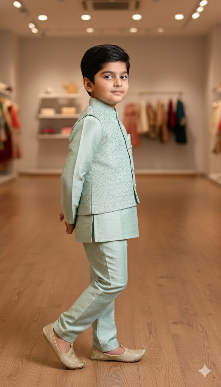 Pastel Mint Kurta Set WIth Sequins Vest