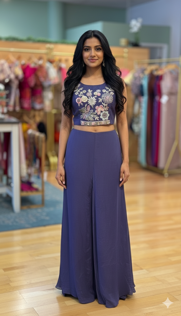 Royal Purple Sharara Set WIth Embroidered Blouse And Jacket