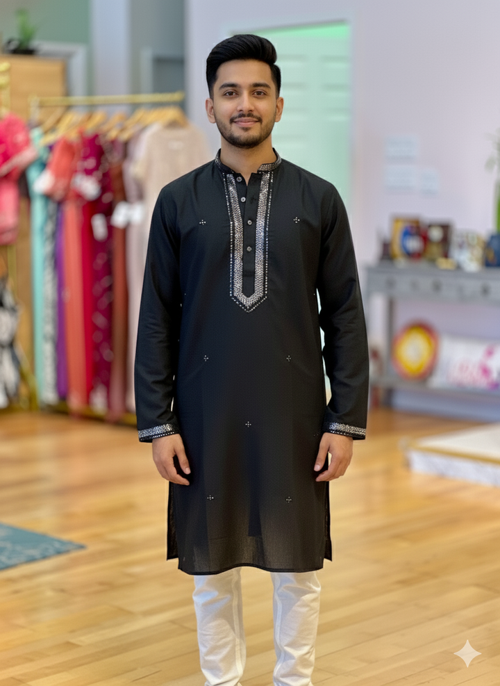 Black Kurta With Sequins Work Neckline