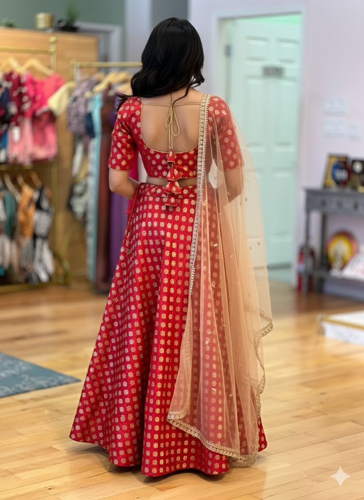 Red And Gold Banarasi Silk Brocade Lehenga Set