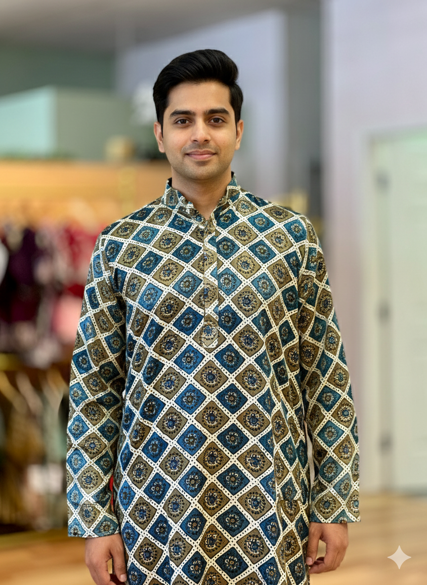 Blue And Green Gaji Silk Ajrakh Block Print Kurta