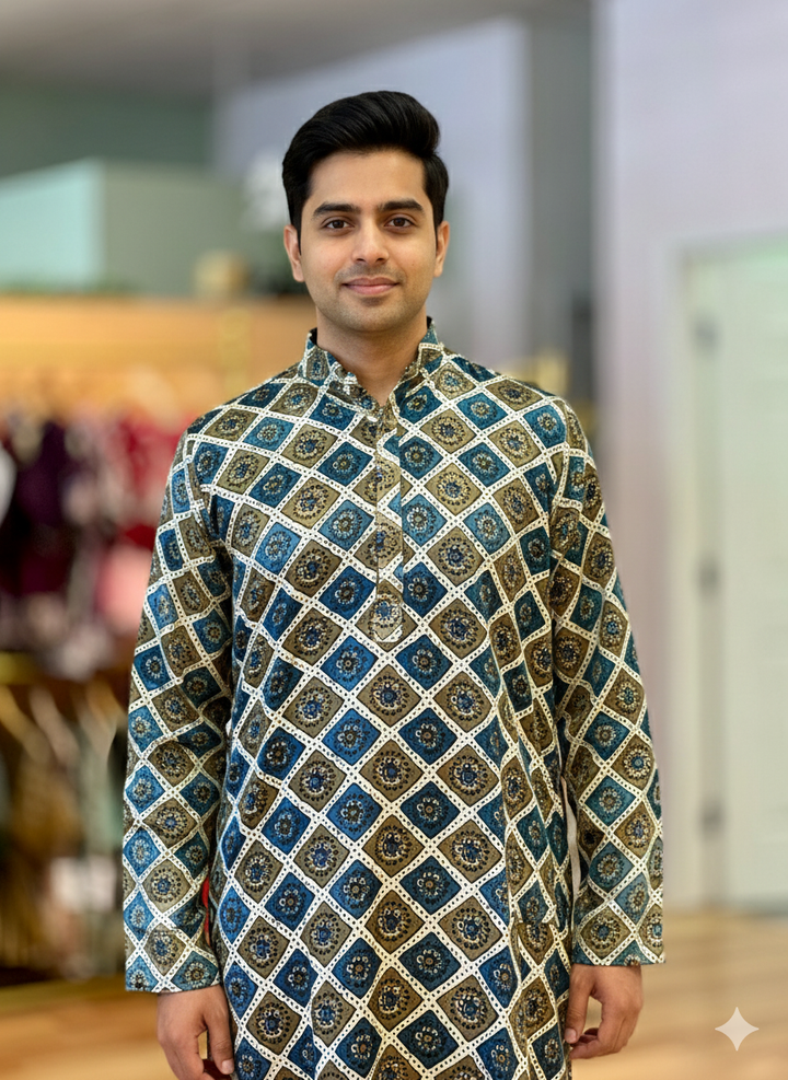 Blue And Green Gaji Silk Ajrakh Block Print Kurta