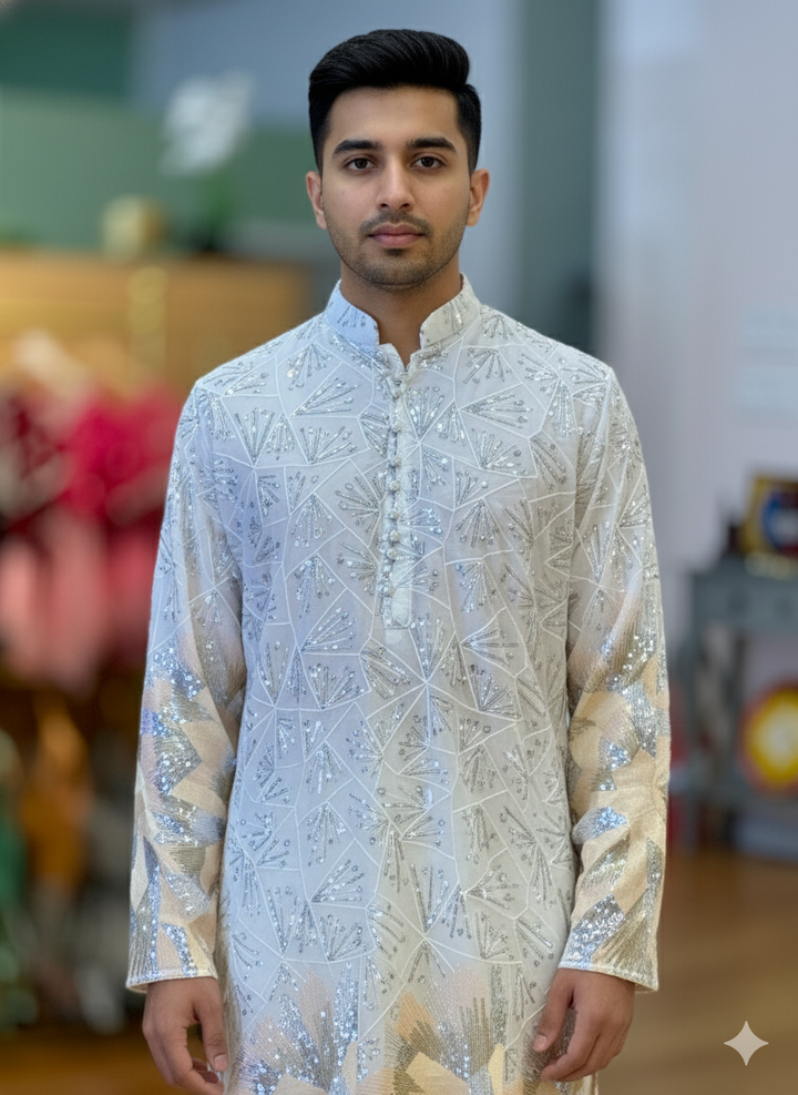 White Sequins Embroidered Kurta And Pajama