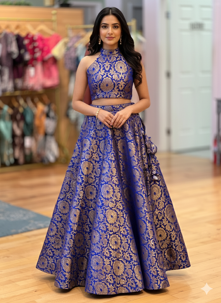 Blue Banarasi Silk Brocade Lehenga With Halter Neck Blouse And Gold Dupatta