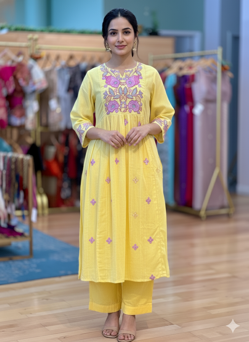 Yellow Mul Chanderi Anarkali Salwar Set