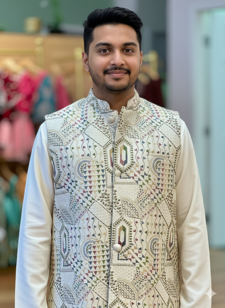 Cream Color Kurta Pajama With Embroidered Vest