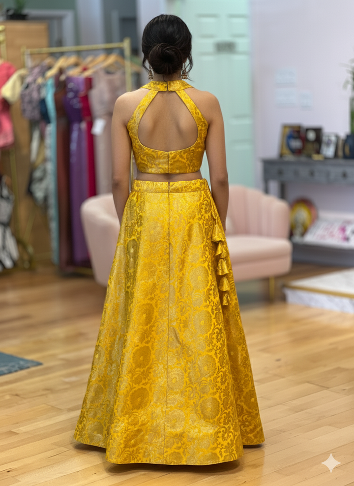 Yellow Banarasi-Silk Brocade Lehenga And Blouse With White Dupatta