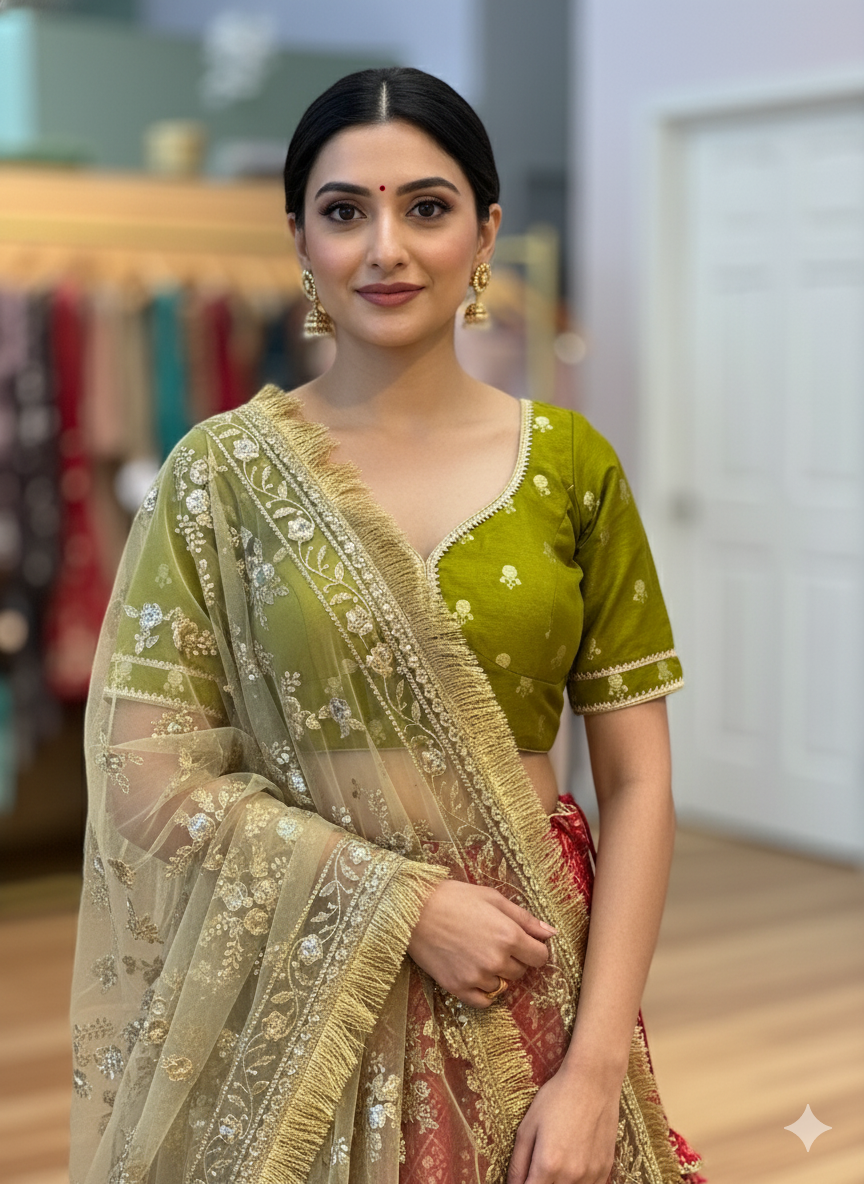 Red And Green Banarasi Silk Brocade Lehenga Set With Gold Dupatta