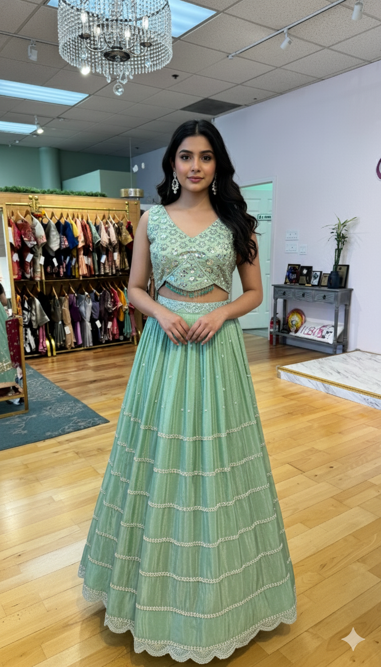 Peppermint Color Lehenga Set With Cutdana And Sequins Embroidery