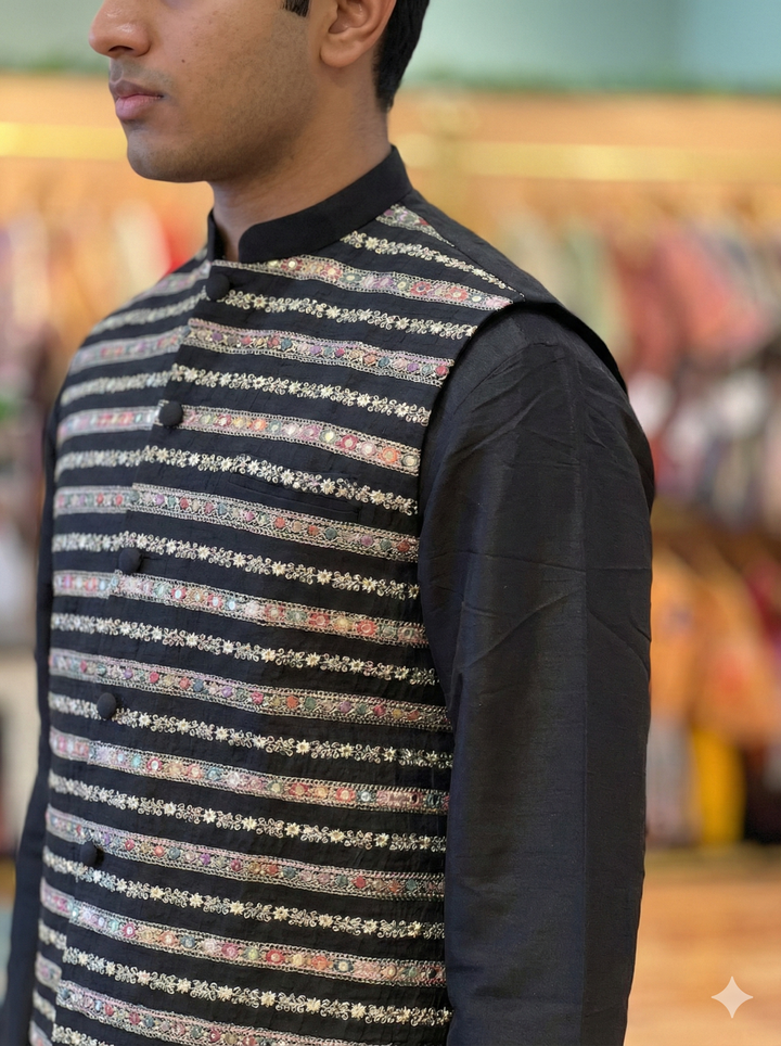 Black Kurtaset with Gold-Embroidered vest