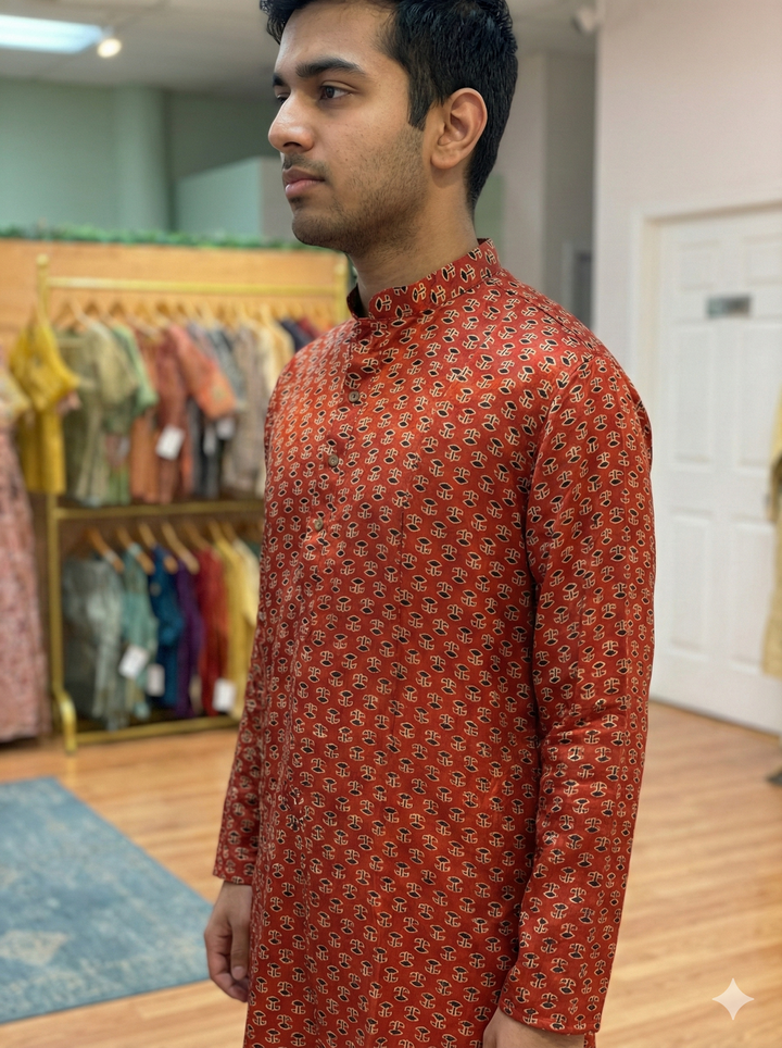 Red Gaji Silk Ajrakh Print Kurta