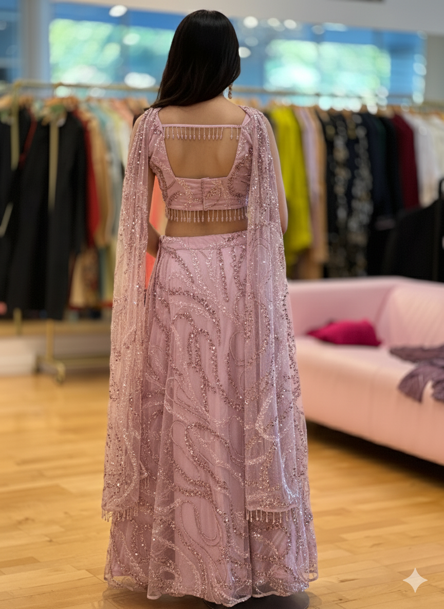 Pastel-Pink Cutdana Embroidered Lehenga with Choker-Dupatta