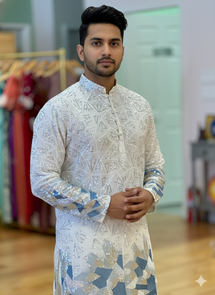 White Sequins Embroidered Kurta And Pajama