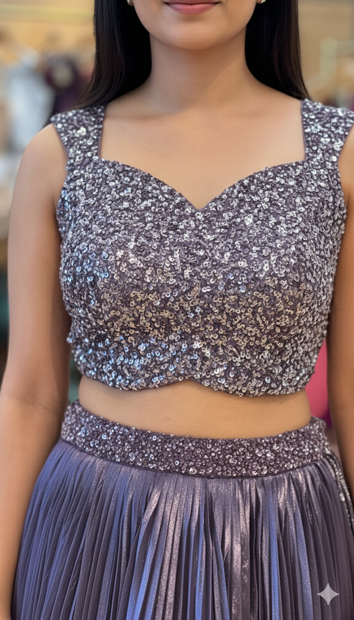 Dark Mauve Crushed Tissue Lehenga With Sequins Embroidered Blouse And Choker Dupatta