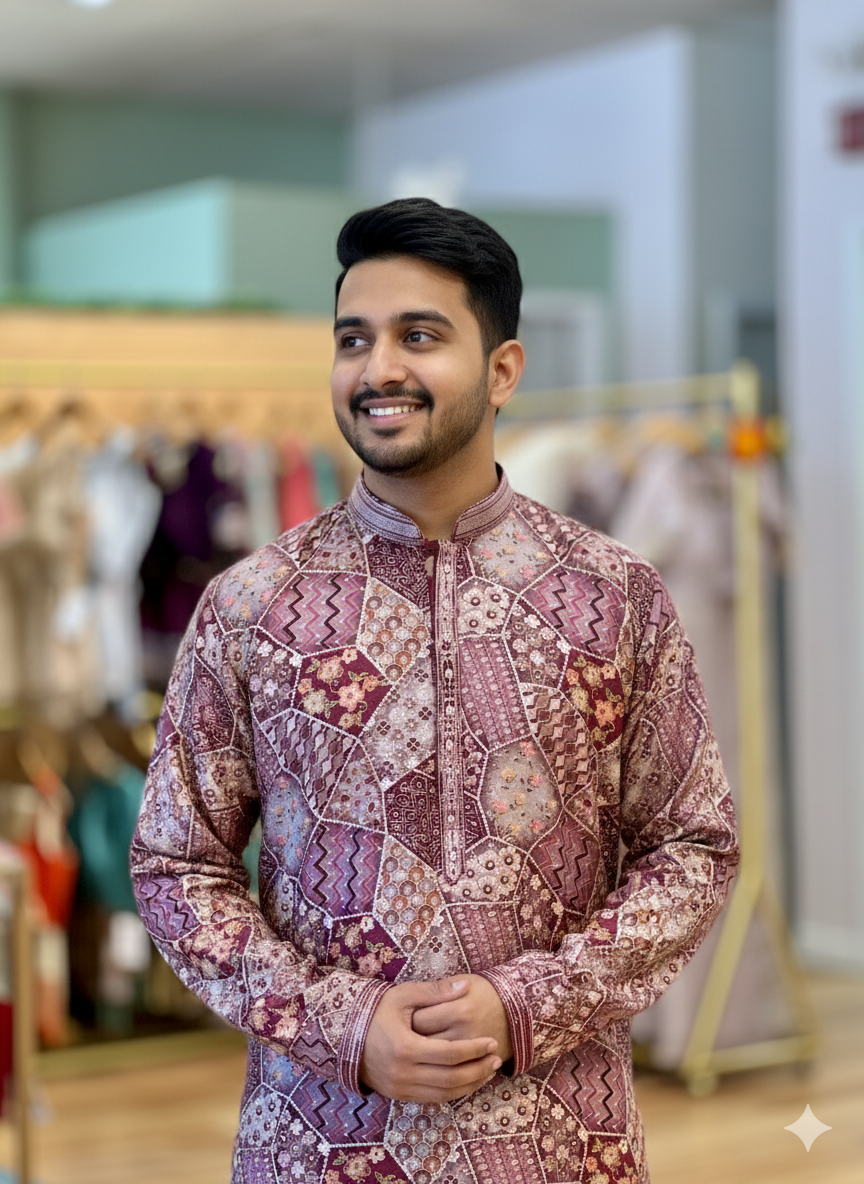 Light Purple Position Print Embroidered Kurta With Pajama