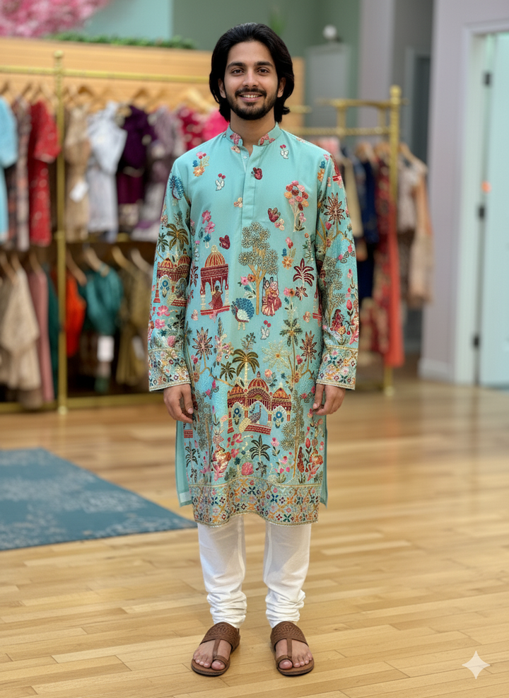 Aqua color Tree And Peacock Daman Work Kurta Pajama Set
