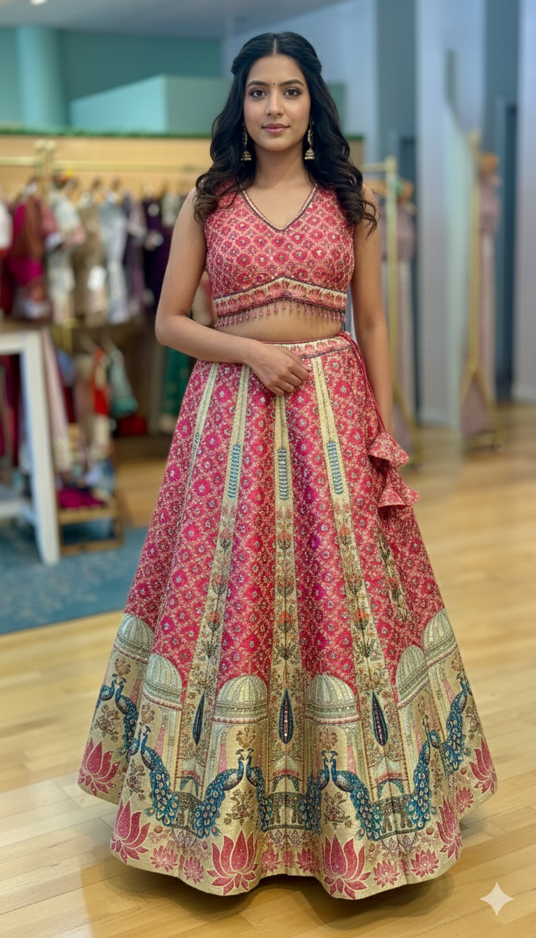Pink And Gold Combination Embroidered Lehenga Set With Peacock Motifs
