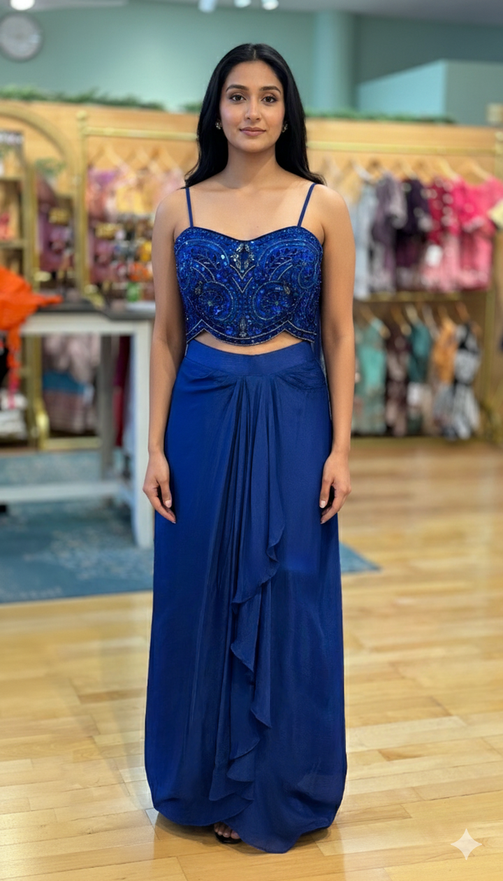 Persian-Blue Draped Skirt With Embroidered Blouse And Cape