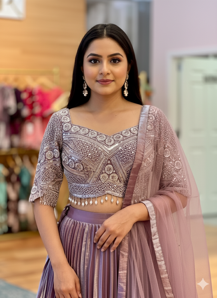 Pastel Mauve Crushed Tissue Lehenga With Embroidered Blouse And Dupatta