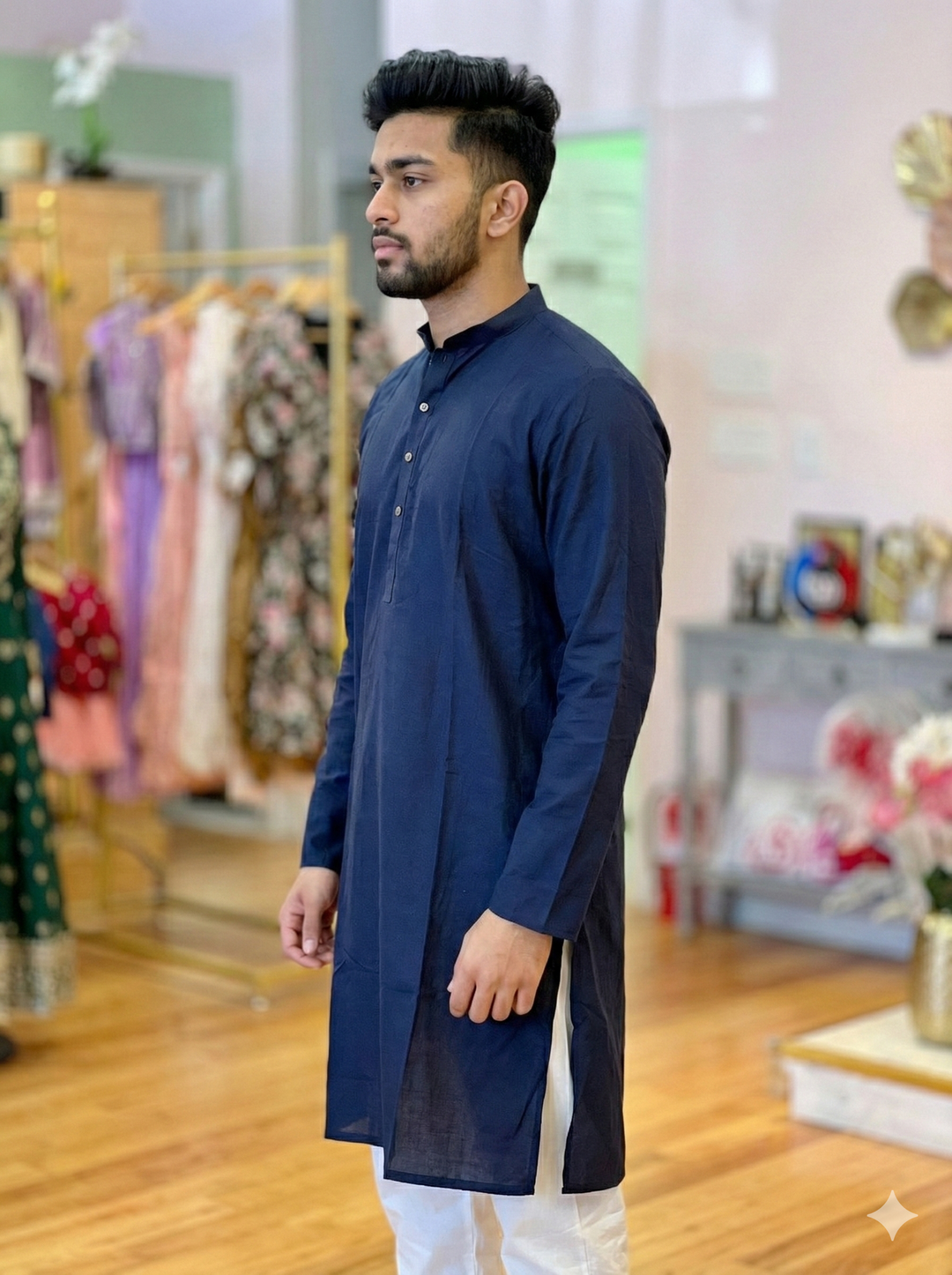 Navy Blue Plain Silk Kurta