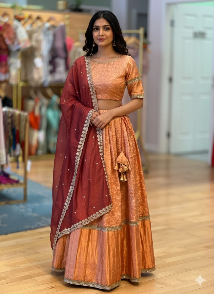 Copper Kanchi Silk Lehenga with Embroidered Borders And Silk Brown Dupatta