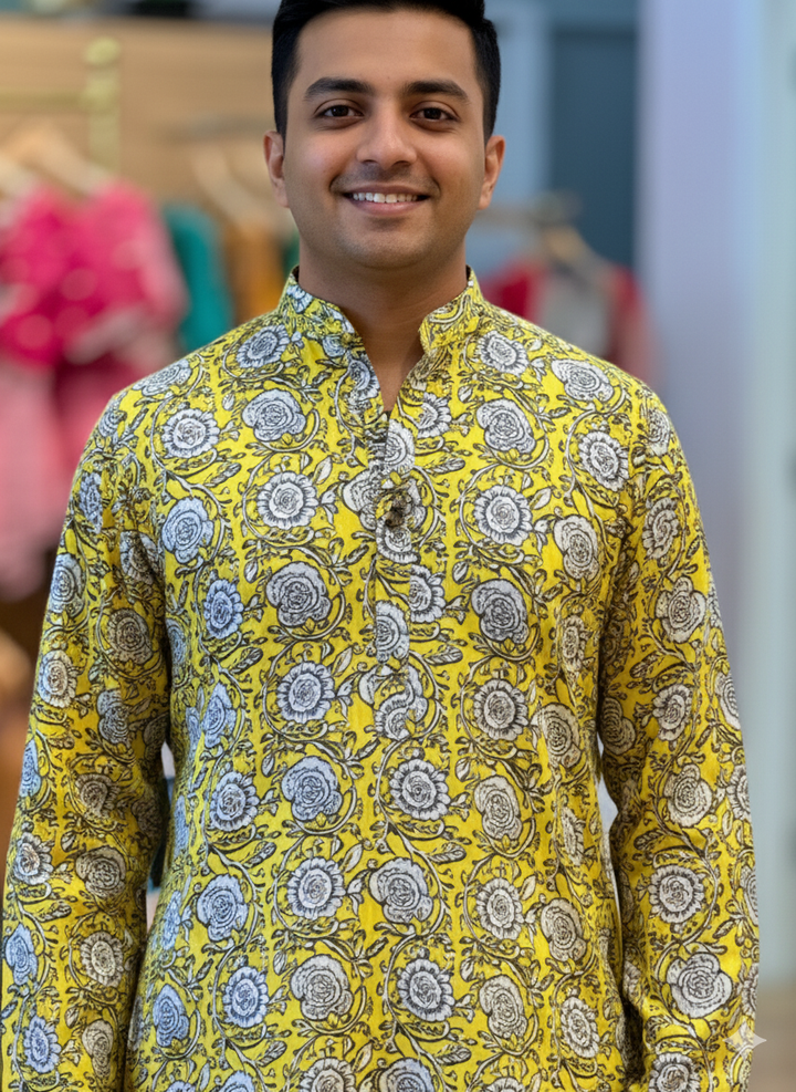 Yellow Gaji Silk Kalamkari Kurta