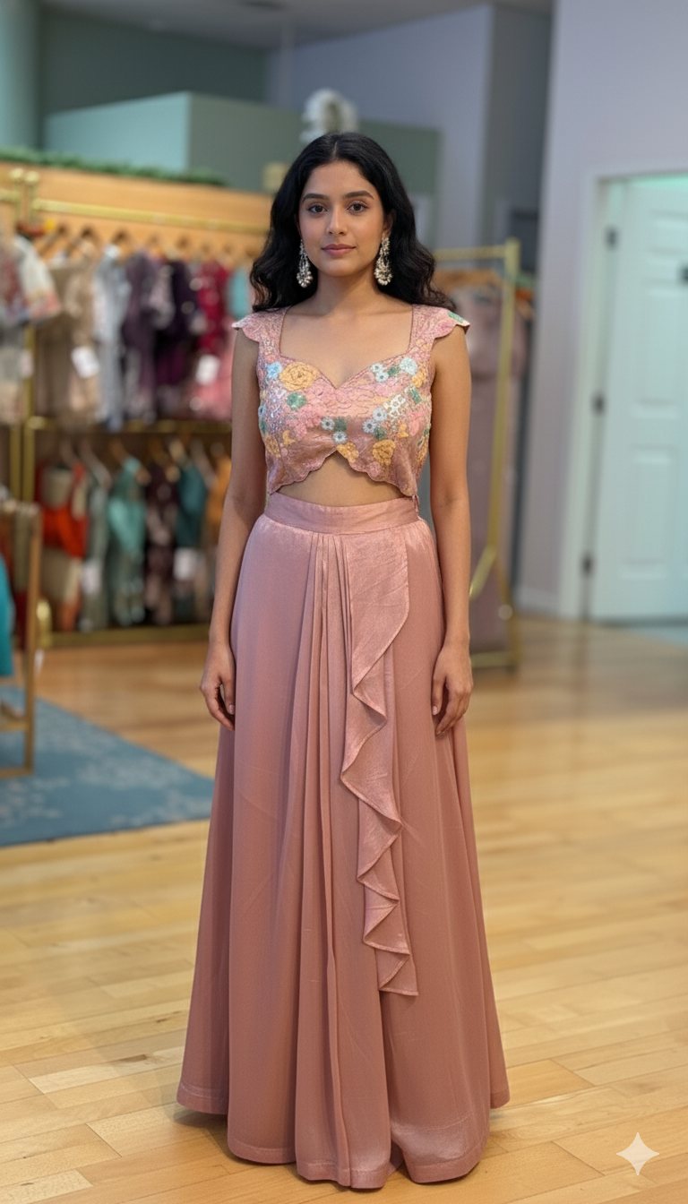 Dusty-Rose Coloured Draped Skirt With Sequins Embroidered Blouse And Choker Dupatta