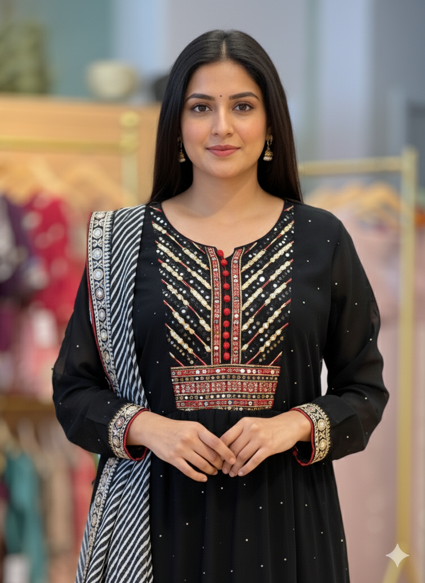 Black Layered Anarkali Gown With Dupatta