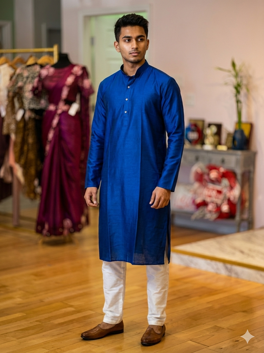 Royal Blue Plain Silk Kurta