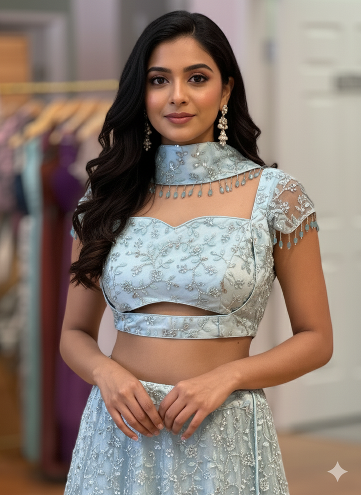 Pastel-Blue Cutdana Embroidered Lehenga with Madhubala-Cut Blouse