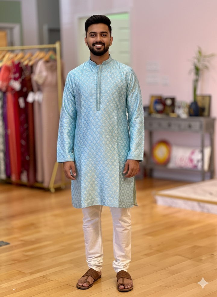 Sky-Blue Banarasi Jacquard Kurta And Pajama
