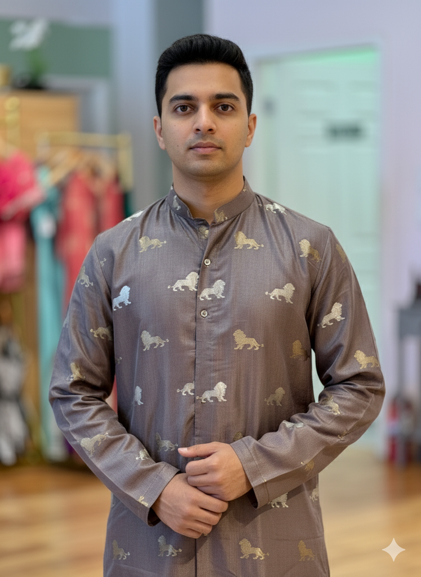 Slate Grey Banarasi Silk Kurta With Pajama