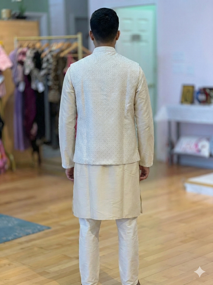Ivory-Beige Kurta Set with Embroidery Vest