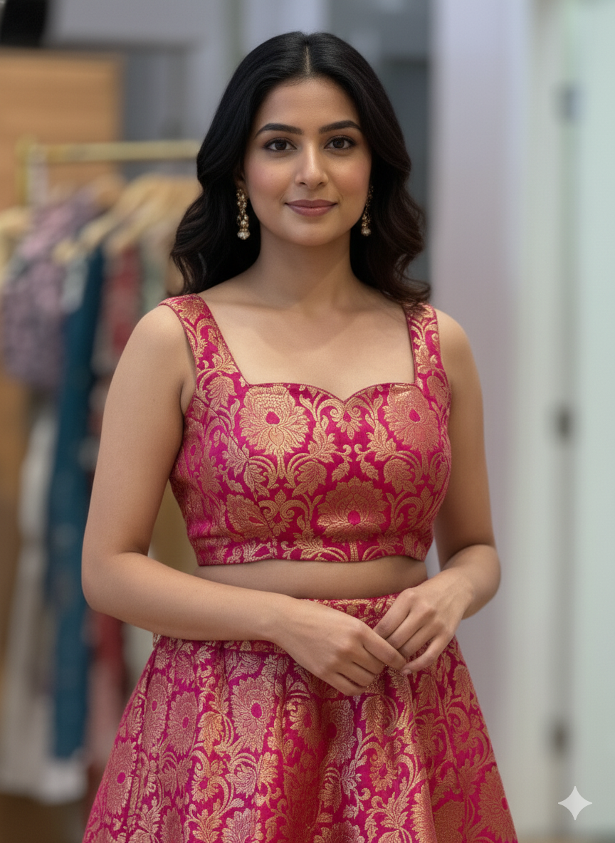 Pink Banarasi-Brocade Silk Lehenga And Blouse With White Dupatta