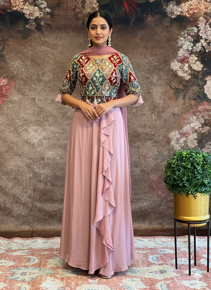 Mauve Pink Draped Skirt With Multi Color FLoral Blouse And Dupatta