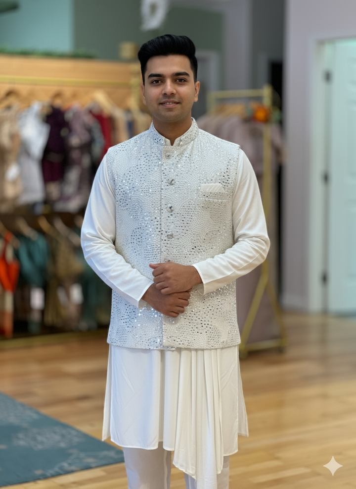 Pristine White Assymmetrical Kurta And Pajama WIth Embroidered Vest