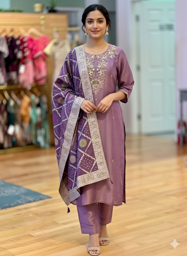 Faded Purple Tissue embroidered Salwar Set