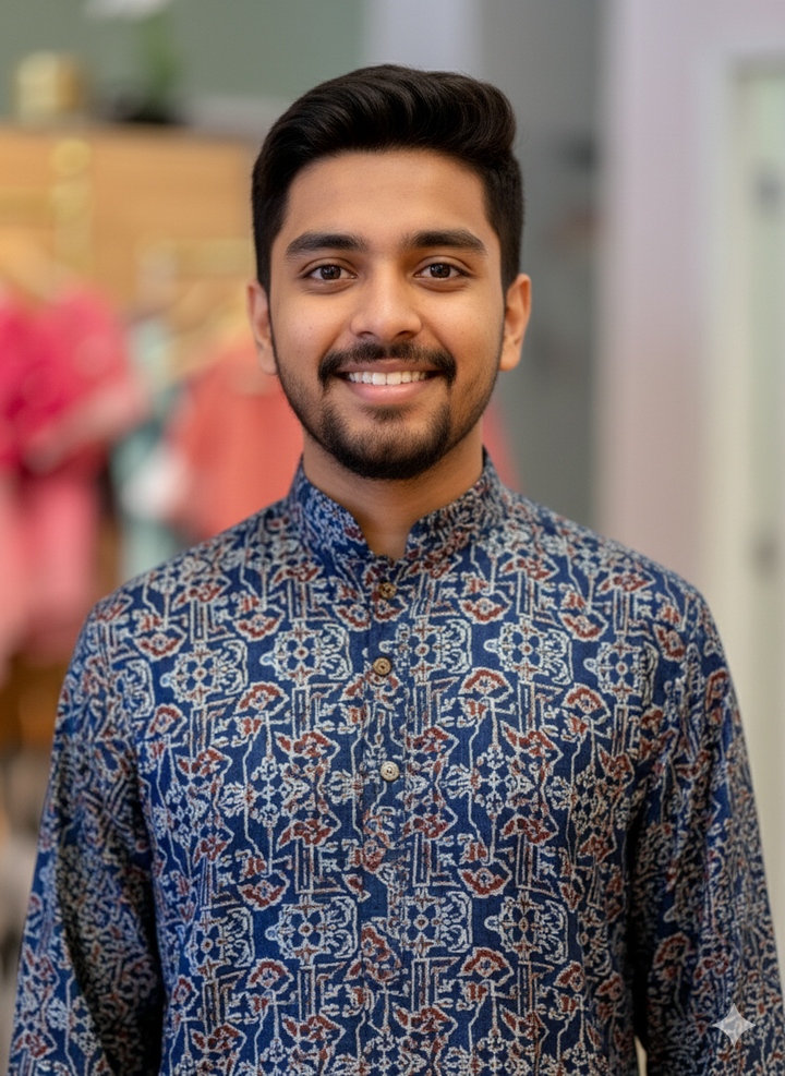 Indigo-Blue Gaji Silk Ajrakh Kurta