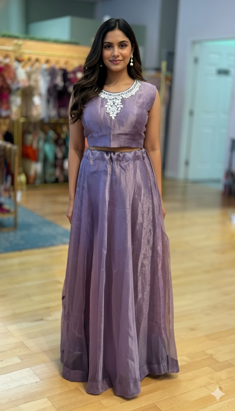 Dark Lavender Tissue Lehenga With Embroidered Blouse And Long Jacket