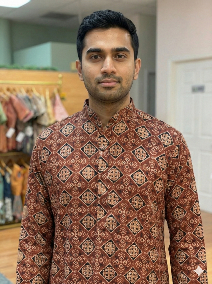 Maroon Gaji Silk Geometric Ajrakh Print Kurta