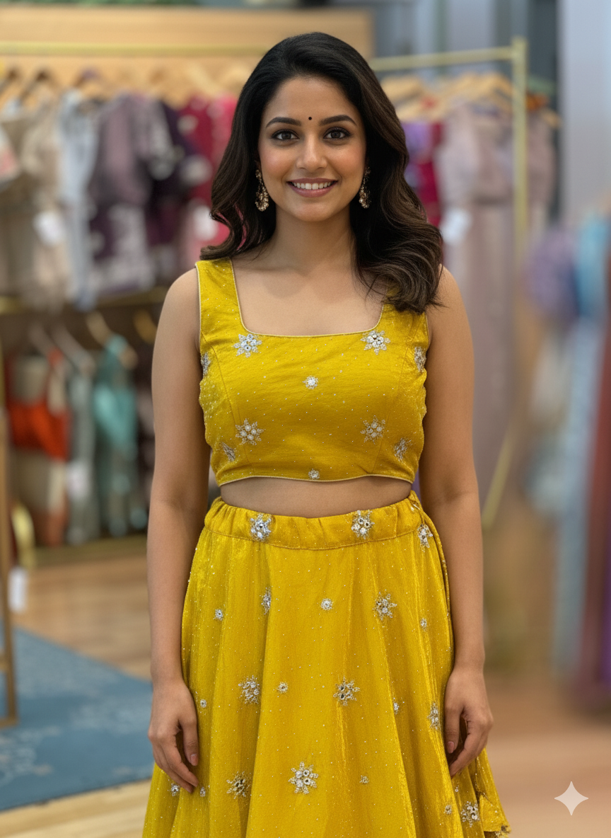 Mustard Yellow And Ivory Embroidered Lehenga Set