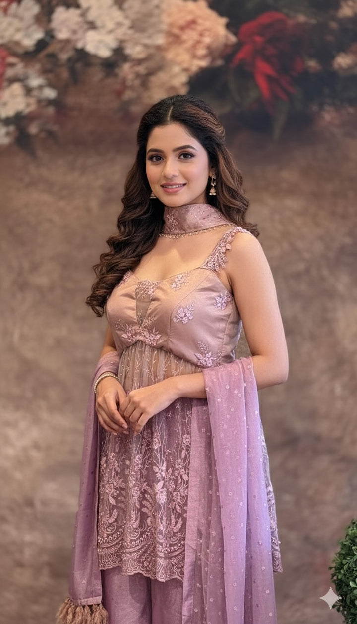 Opera-Mauve Embroidered Choker-Dupatta Sharara set