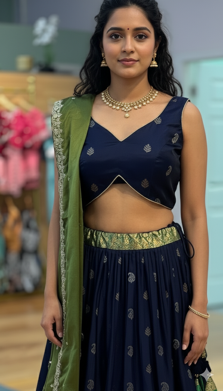 Navy Blue And Green Kanchi Silk Lehenga