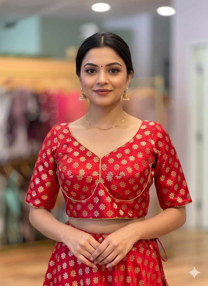 Red And Gold Banarasi Silk Brocade Lehenga Set